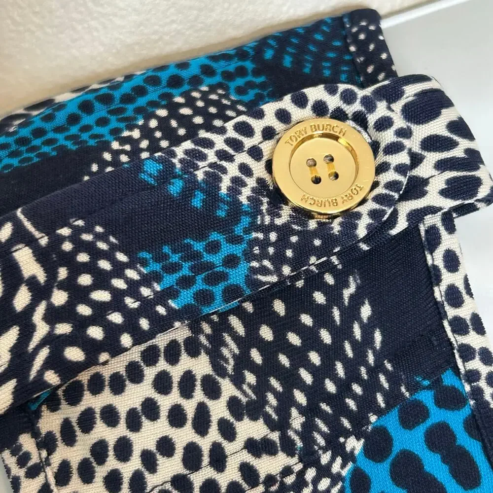 Tory Burch Silk Dress S‎ Blue Coastal Resort Sea Shells Gold Buttons Faux Wrap